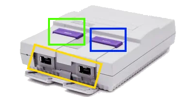 Super Nintendo Mini. Power, Reset, and Controler Ports Circled