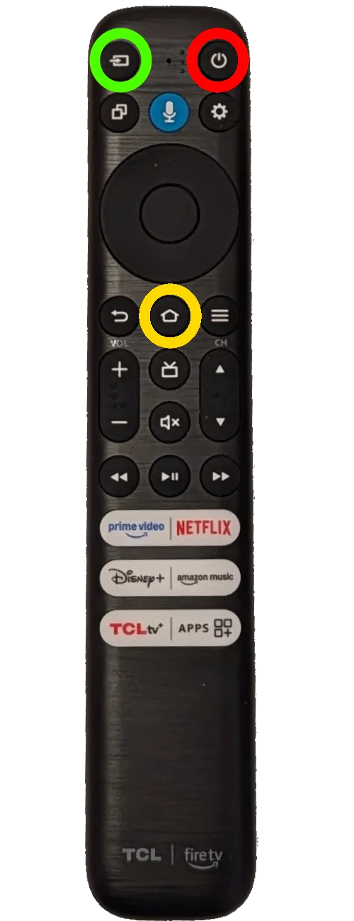 TV Remote Control Input, Power, and Home Circled